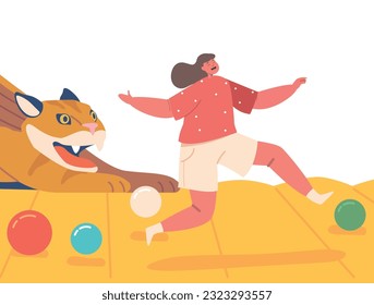 Child Girl Character Joyfully Playing On An Inflatable Attraction, Jumping, Bouncing, And Giggling With Excitement