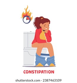 Child Girl Character Sits On The Toilet, Grimacing In Discomfort, Struggling With Constipation, Seeking Relief And Patiently Waiting For Relief. Cartoon People Vector Illustration