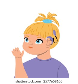 Child girl with cochlear implant in cartoon style. Hear impairment and deaf community concept. Vector illustration