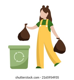 child girl collecting trash into recycling garbage bin. plastic and ecology pollution problem concept. Flat cartoon vector illustration isolated on white background
