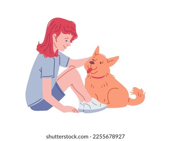 Child girl cuddling cute and funny dog, hand drawn flat vector illustration isolated on white background. Happy kid sitting together with dog, concepts of best friends and love.