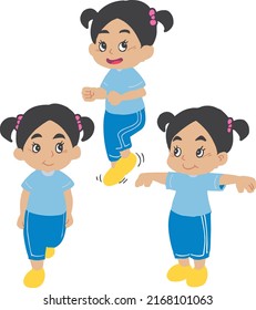 child girl doing Exercise in 3 step. illustration vektor on white background. 