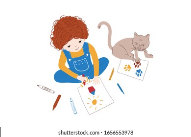 Child girl drawing with colored crayons and pastels near her kitten - vector illustration