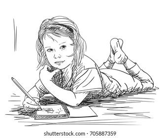 Child girl drawing house and sun in note book while lying on floor, Vector sketch, Hand drawn illustration with hatched shades