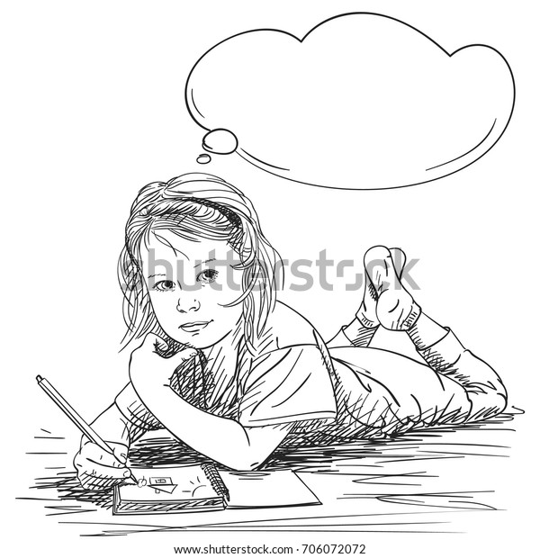 Child Girl Drawing House Sun Note Stock Vector (Royalty Free) 706072072