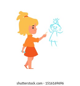 Child girl draws on the wall the cartoon character of kids bad behavior, vector illustration isolated on white background. Children's discipline problems and bad manners.