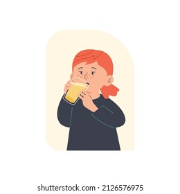 Child girl drinks orange juice from glass cup, flat vector illustration isolated on white background. Redhead character with freckles holds mug with beverage inside.