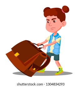 Child Girl With Effort Draging Along The Floor A Heavy School Backpack Vector. Isolated Illustration