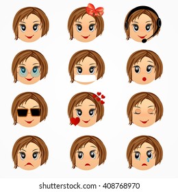 Child girl emotions  face set. Emoticon smiley faces. Vector cartoon illustration