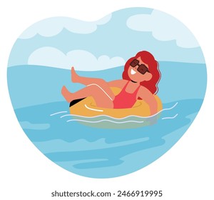 Niña Disfrutando De Un Día Soleado, Tumbada En Un Anillo Inflable Amarillo En El Mar. Ella Lleva Gafas De Sol Y Un Traje De Baño Rojo, Luciendo Relajada Y Feliz Mientras Flota En El Agua Bajo Un Cielo Azul, Vector