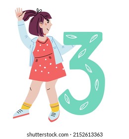 Child girl with figure 3 three, vector cartoon flat illustration isolated on background. Child of preschool or kindergarten age learning numbers, counting and mathematics.