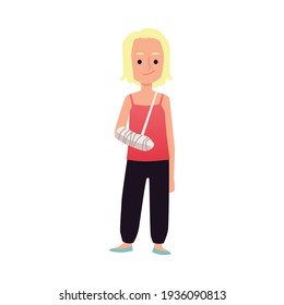 Child girl got fracture and standing with bandaged arm flat vector illustration.