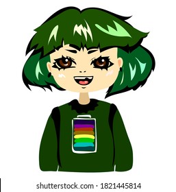 
a child girl with green hair in a green warm sweatshirt is smiling, a rainbow battery is drawn on the sweater