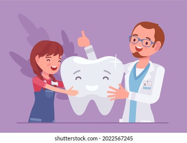 Child girl, happy dentist doctor and healthy clean tooth. Male stomatologist giving little child medical examination of dental treatment, good medical consultation. Vector illustration