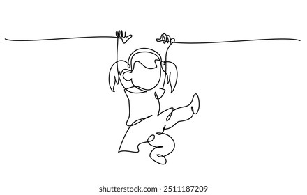 Child girl have fun hanging on branch. Playground. Kid weighs on rings upside down. Continuous one line drawing. Vector illustration. Isolated on white background