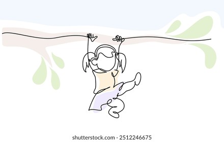 Child girl have fun hanging on branch. Playground. Kid weighs on rings upside down. Continuous one line drawing. Vector illustration. Isolated on white background