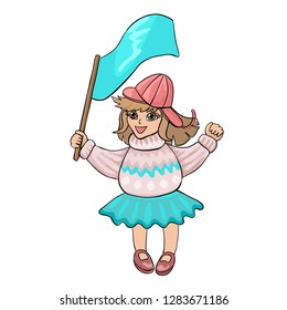 Child girl holding a flag and smiling. Pupil in a sweater and hat. Cheerful cute character