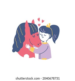 Child girl hugging horse, flat cartoon vector illustration isolated on white background. Child and domestic farm animal embracing showing love and care relations.