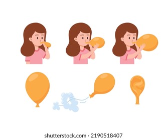 Niña infla un globo paso a paso infográfico, ilustración vectorial plana aislada en fondo blanco. Un globo aerostático que soplaba escalones muestra diferentes etapas.