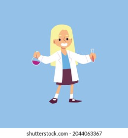 Child girl in laboratory gown holding chemical flasks. Science and experimental education for kids, flat vector illustration isolated on blue background.