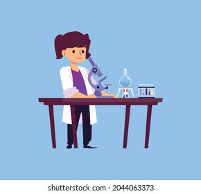 Child girl little scientist standing behind desk with flasks and microscope, flat cartoon vector illustration isolated on blue background. Child scientist and chemist.