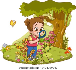 child girl looking at plants with a magnifying glass