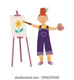 Child girl painting on canvas behind easel, flat vector illustration isolated.