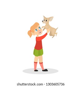 Child girl play with a dog. Happy kid and pet spend time together. Friendship between animal and children. Isolated vector illustration in cartoon style