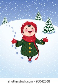 Child girl rejoices first snow in the winter vector illustration