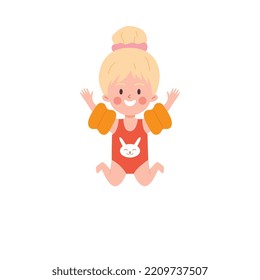 Child girl rejoicing on beach or in swimming pool and having fun in water, flat vector illustration isolated on white background. Girl with inflatable cuffs for swimming.