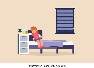 Child Girl Resting On The Bed, Turning Off The Light Switch Before Bedtime To Sleep In The Bedroom At Night. Before Sleep Activity Concept. Colored Flat Graphic Vector Illustration Isolated.