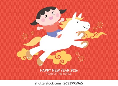 Child girl riding a horse new year 2026 card. Year of the horse 2026 greeting card vector illustration. 