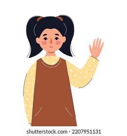 Child girl saying hi and waving with hand. Concept of online preschool education, communication, charity. Vector flat illustration.