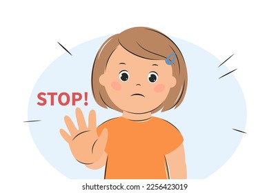 Child girl says stop. Person protecting personal boundaries concept. Violate personal space. Behavior in society. Vector illustration