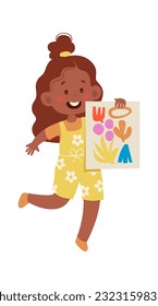 Child Girl Showing His Drawing Vector Illustration