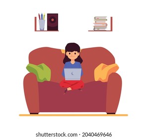 Child girl sitting on sofa with laptop, flat cartoon vector illustration isolated on white background. Childrens home education and computer lessons topic.