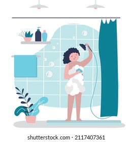 Child Girl Stands In Bath And Lathers Herself With Shower Gel. Caucasian Kid Bathes With Soapy Washcloth. Daily Hygiene Procedures, Skin Care. Bathroom Interior And Furniture. Flat Vector Illustration