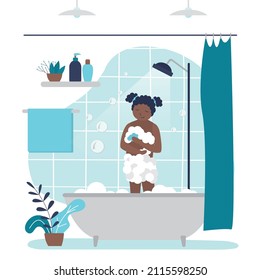 Child Girl Stands In Bathtub And Lathers Herself With Shower Gel. African American Kid Bathes With Soapy Washcloth. Daily Hygiene Procedures, Skin Care. Bathroom Interior. Flat Vector Illustration