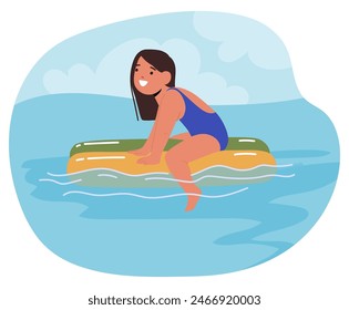 Child Girl Swimming In Clear Blue Water on Floater Under A Bright Sky, Symbolizing Carefree Summer Days And Aquatic Fun. Cartoon Vector Image Evokes Childhood Joy And Playful Aquatic Activities