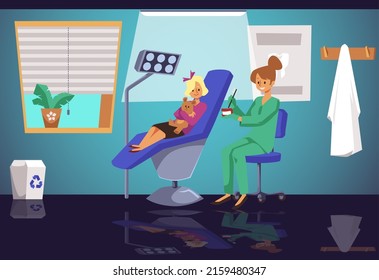 Child girl with teddy bear sits in dentists chair during consultation, flat vector illustration. Stomatological clinic interior. Cheerful doctor checking up kid patient.
