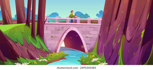 Niña y niño adolescente niño caminando en el puente de piedra sobre el río en el bosque con árboles verdes y hierba, flores y cielo azul. Escena de Ilustración vectorial de caricatura de un hermano y una hermana en un parque público de la ciudad.