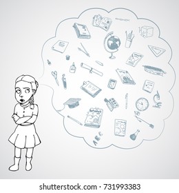 Child, girl, teen, teenager in bad mood. Study, studying, learning problems. School objects in a cloud. Vector outlined illustration. White image, gray background.