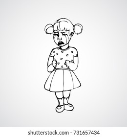 Child, girl, teen, teenager crying. Vector outlined illustration. White image, gray background.