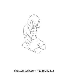 Child, girl, teen, teenager sitting frustrated. Vector outlined illustration. Black lines vector image, white background.