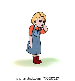 Child, girl, teen, teenager standing frustrated. Vector outlined illustration. Colored image, white background.