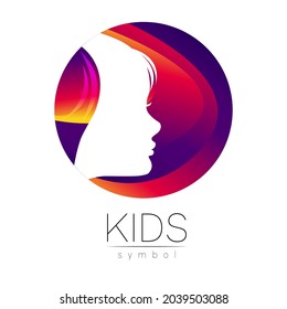 Child Girl Vector logotype in violet circle. Silhouette profile human head. Concept logo for people, children, autism, kids, therapy, clinic, education. Template symbol design