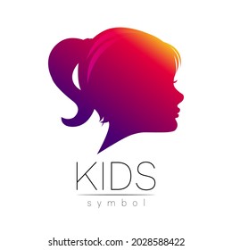 Child Girl violet logotype in vector. Silhouette profile human head. Concept logo for people, children, autism, kids, therapy, clinic, education. Template symbol, modern design