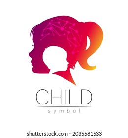 Child Girl violet logotype in vector. Silhouette profile human head. Concept logo for people, children, autism, kids, therapy, clinic, education. Template symbol, modern design