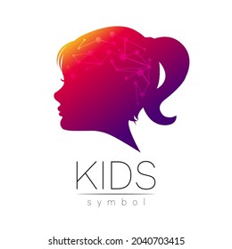 Child Girl violet logotype in vector. Silhouette profile human head. Concept logo for people, children, autism, kids, therapy, clinic, education. Template symbol, modern design