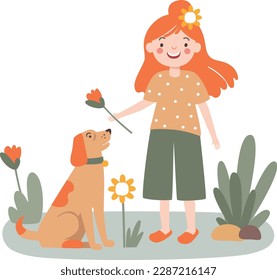 Child girl walking with a dog in the park. Active recreation concept. Vector illustration in a flat style.